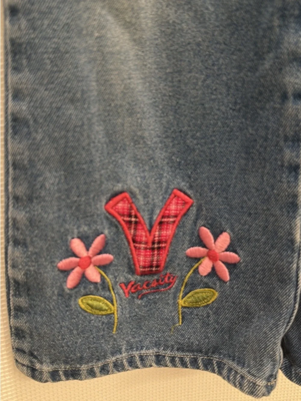 Girls Denim Overalls with Pink Floral Embroidery
